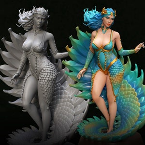 May include: A painted figurine of a woman with blue hair and a teal and gold dress. She is standing on a swirling base with a dragon tail. The figurine is painted in a realistic style.