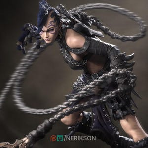 May include: A digital art rendering of a female warrior in dark armor, wielding a chain weapon. The warrior has purple face markings and dark hair. The image has a fantasy theme.