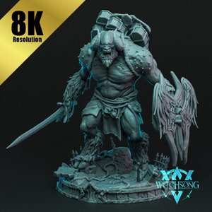 May include: A gray, detailed miniature figurine of a horned, muscular creature with a sword and a large, feathered wing. The creature is standing on a circular base with intricate details.