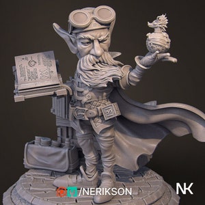 Alvynn The Gnome Alchemist. Exquisite 3D Printed Figure, Sculpted by Nerikson, printed in 8k resolution and ABS resin for incredible detail.