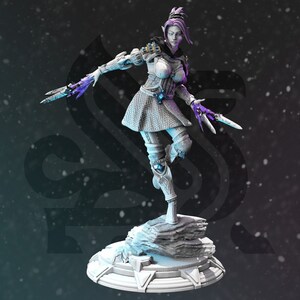 May include: A white and purple fantasy figurine of a female warrior with a sword and a dagger. She is wearing a white and grey patterned outfit and has a purple and blue hair. The figurine is standing on a grey rock base.
