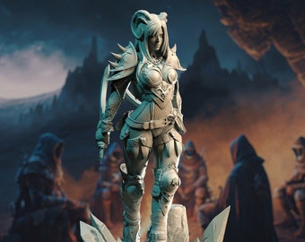May include: A white painted figurine of a female warrior with horns, wearing armor and holding a sword. The figurine is standing on a rock base with crystal-like formations.