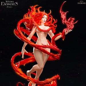 May include: A detailed sculpture of a woman with fiery red hair and flowing ribbons of flame. The figure is nude, with the flames swirling around her body. The sculpture is set against a dark background, with the text "Witcher Elements - Fire" and "F1 - HUMAN".