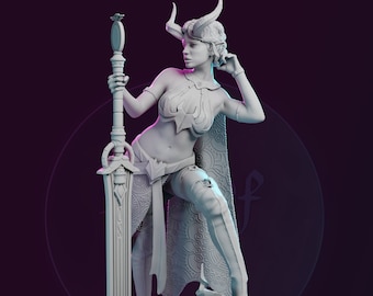 Yelliah - Gorgeous Tiefling Greatsword Wielding Warrior, 3D Printed Miniature of Infernal Might