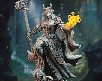 May include: A detailed, gray, dragon-like figure with horns and scales, holding a staff and a ball of fire. The figure is wearing a patterned robe and stands on a base with a wave design.
