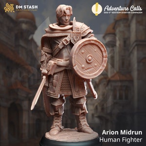 Arion Midrun, Human Fighter By DM-Stash. Courageous and handsome warrior for your tabletop gaming. 32mm and 75mm scale.