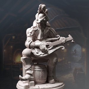 Brekken, The Brazen Bard, by DM Stash. Charming Bard mini for tabletop gaming, painting, collecting, and display. 32mm and 75mm scale.