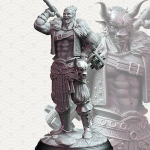 May include: A gray 3D printed figurine of a muscular warrior wearing a fur-lined coat and holding a weapon. The warrior has a beard and a fierce expression. The figurine is standing on a circular base.