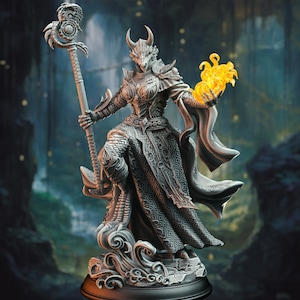 Tharvaya, Ascended Dragon Warlock by DM Stash. Dragonborn Sorceress mini for tabletop gaming, painting, and collecting. 32mm and 75mm scale.
