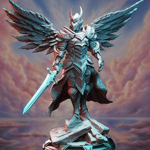 May include: A white, winged, armored figure stands on a rocky base. The figure holds a sword in its right hand and has a helmet with a horn on its head. The background is a cloudy sky.