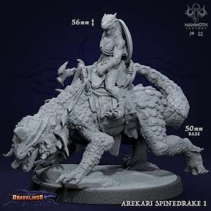 Arekari Spinedrake - 50mm Base, 56mm Height - Kobold Drakerider Mini for tabletop gaming. Mammoth Factory, Drakklings, Nov 2023 release.