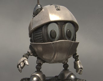 Könnte beinhalten: Ein silberner Roboter mit großen runden Augen und einem abgerundeten Körper. Der Roboter steht auf einer schwarzen Plattform mit einem silbernen Sockel.