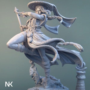 May include: A gray, unpainted resin figurine of a female warrior in a flowing robe, holding a weapon and wearing a hat. The figurine is posed in a dynamic action pose.