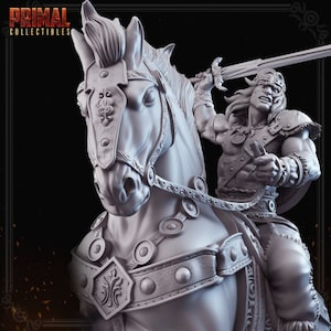 Boris the Barbarian on Horseback- Unrelenting Warrior by Primal Collectibles, Printed in Durable ABS Resin. Multiple sizes available.