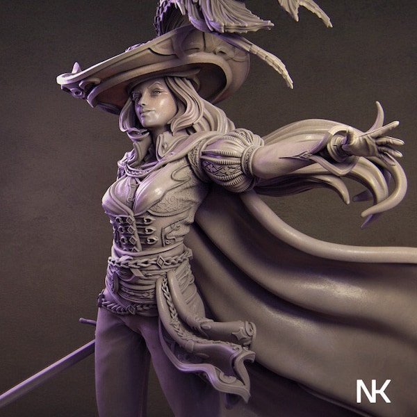 Elle the Musketeer. Exquisite 3D Printed Figure, Sculpted by Nerikson, printed in 8k resolution and ABS resin for incredible detail.