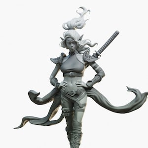 May include: A gray painted figurine of a female elf warrior with long white hair, wearing a dark top and pants, holding a sword and a flowing scarf. The figurine is standing on a circular base with a textured surface.