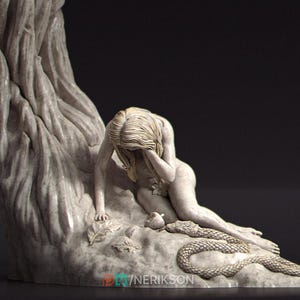 May include: A detailed sculpture depicting a nude figure with long hair, seated and weeping, with a snake and leaves. The sculpture is in a light beige color, with a tree trunk in the background. The sculpture is signed "/NERIKSON".