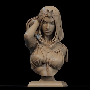 May include: A sculpted bust of a woman with long hair, wearing a decorative headband and a detailed top. The sculpture is a light beige color and is set against a black background.