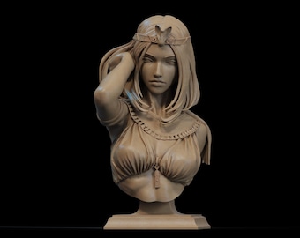 May include: A sculpted bust of a woman with long hair, wearing a decorative headband and a detailed top. The sculpture is a light beige color and is set against a black background.