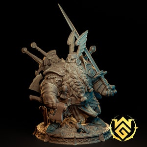 May include: A detailed miniature figurine of a dwarf warrior, sculpted in a light brown colour. The dwarf is wearing armour and wielding multiple weapons, including a sword and an axe. The figurine is standing on a circular base with a textured surface.