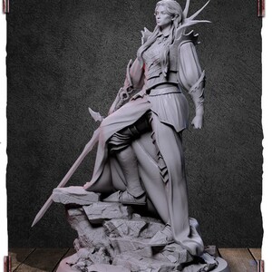 May include: A gray, detailed, sculpted figurine of a female warrior standing on a rocky base. She is wearing armor and a flowing robe, and holding a sword.