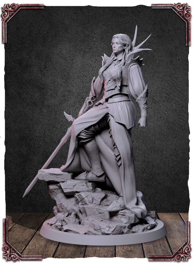 May include: A gray, detailed, sculpted figurine of a female warrior standing on a rocky base. She is wearing armor and a flowing robe, and holding a sword.