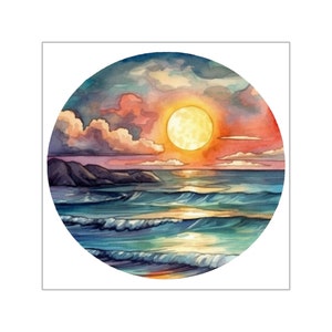 Aquarel zonsondergang sticker, prachtige natuur sticker, vinyl laptop sticker, auto raam sticker, strand leven, surf leven, oceaan leven