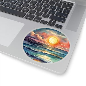 Aquarel zonsondergang sticker, prachtige natuur sticker, vinyl laptop sticker, auto raam sticker, strand leven, surfer leven, oceaan leven