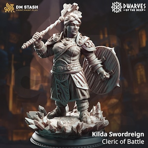 Dwarf War Cleric - Kilda Swordreign by DM Stash | 3D Printed Fantasy Miniature for DnD, Tabletop RPGs, Display & Painting Projects