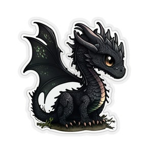 May include: A black and green dragon with large wings, a long neck, and a small, cute face. The dragon is sitting on a patch of green grass.