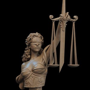 par CA3D | Sculpture en résine de Lady Justice | Déesse aux yeux bandés avec écailles et épée pour peintres et collectionneurs