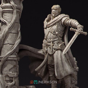 May include: A detailed statue of a warrior in medieval armor, holding a sword. The figure is carved from a light-colored stone, with intricate details in the clothing and armor. The statue is posed next to a stone pillar with vines.