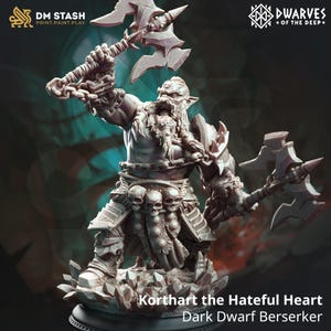 Dark Dwarf Berserker Barbarian - Korthart the Hateful Heart by DM Stash | 3D Printed Fantasy Miniature for DnD, RPGs, Painting & Display