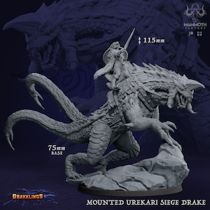 May include: A gray plastic miniature of a mounted siege drake with a rider. The drake is 115 mm tall and the base is 75 mm. The miniature is part of the Drakklings line of miniatures.