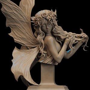 May include: A detailed bust of a fairy with flowing hair, a floral crown, and large, textured wings. The fairy is depicted in a serene pose, with her hands gently touching her hair. The sculpture is a neutral beige color against a black background.