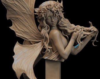 May include: A detailed bust of a fairy with flowing hair, a floral crown, and large, textured wings. The fairy is depicted in a serene pose, with her hands gently touching her hair. The sculpture is a neutral beige color against a black background.
