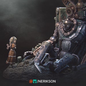 Abandoned Robot Diorama, By Nerikson. Beautiful 32mm and 60mm scale display figure. A clockwork mystery waiting for you to tell the story!