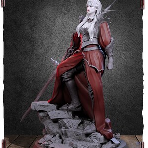 May include: A white female figure with long white hair and red eyes, wearing a red and silver armor, stands on a rocky base. She holds a sword in her right hand and her left hand is raised. The figure is painted in a realistic style.