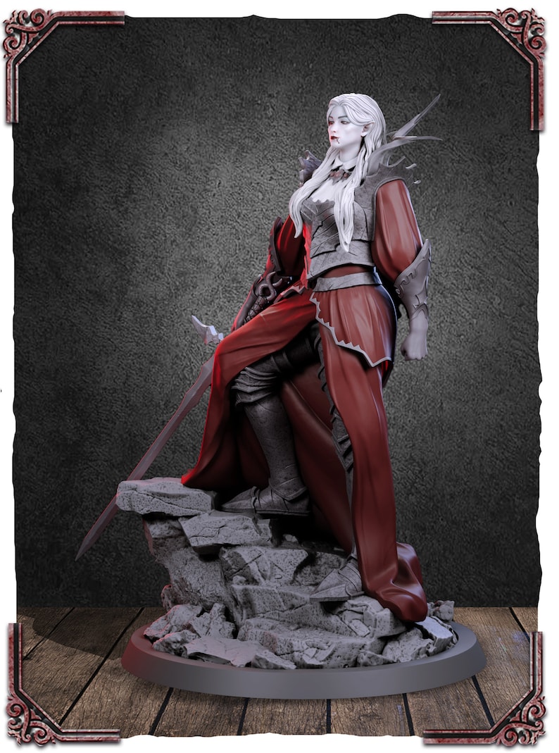 May include: A white female figure with long white hair and red eyes, wearing a red and silver armor, stands on a rocky base. She holds a sword in her right hand and her left hand is raised. The figure is painted in a realistic style.