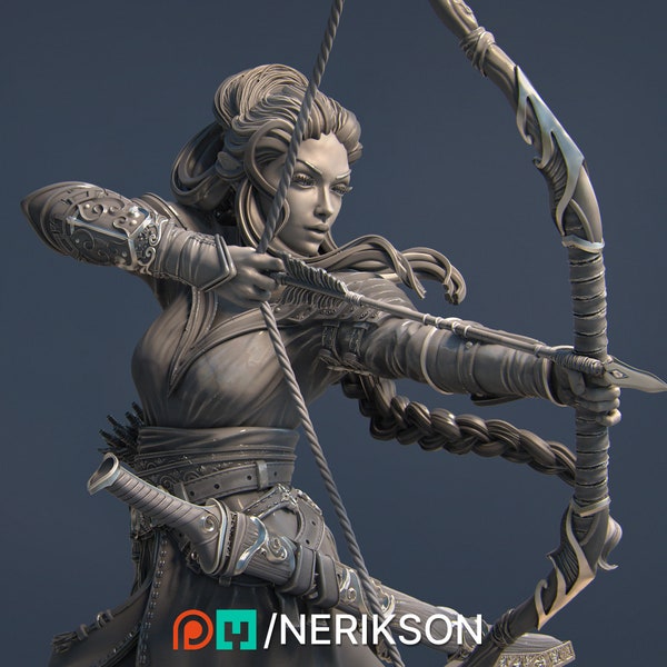 Saelihn, the Forest Archer, by Nerikson. Elegant and Beautiful Female Archer, Sharpshooter, Marksman, Elven Warrior. 8K Resolution Printing.