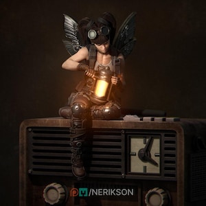 May include: A steampunk-inspired figure of a woman with fairy wings, goggles, and a lantern, seated on a vintage radio. The figure is dressed in brown and metallic armor. The lantern emits a warm, yellow glow. The image includes the text "/NERIKSON".