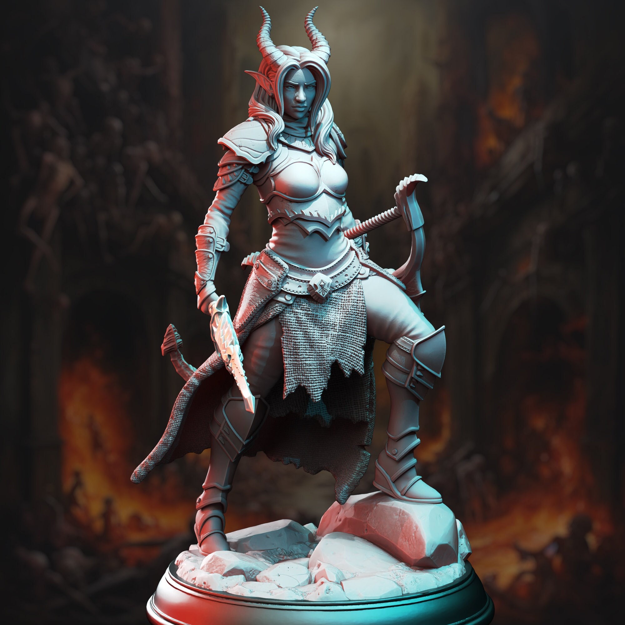 Elkava of the Sixth, Deception Huntress by DM Stash. Tiefling mini for TTRPGs, painting, collecting, and display. 32mm and 75mm scale.