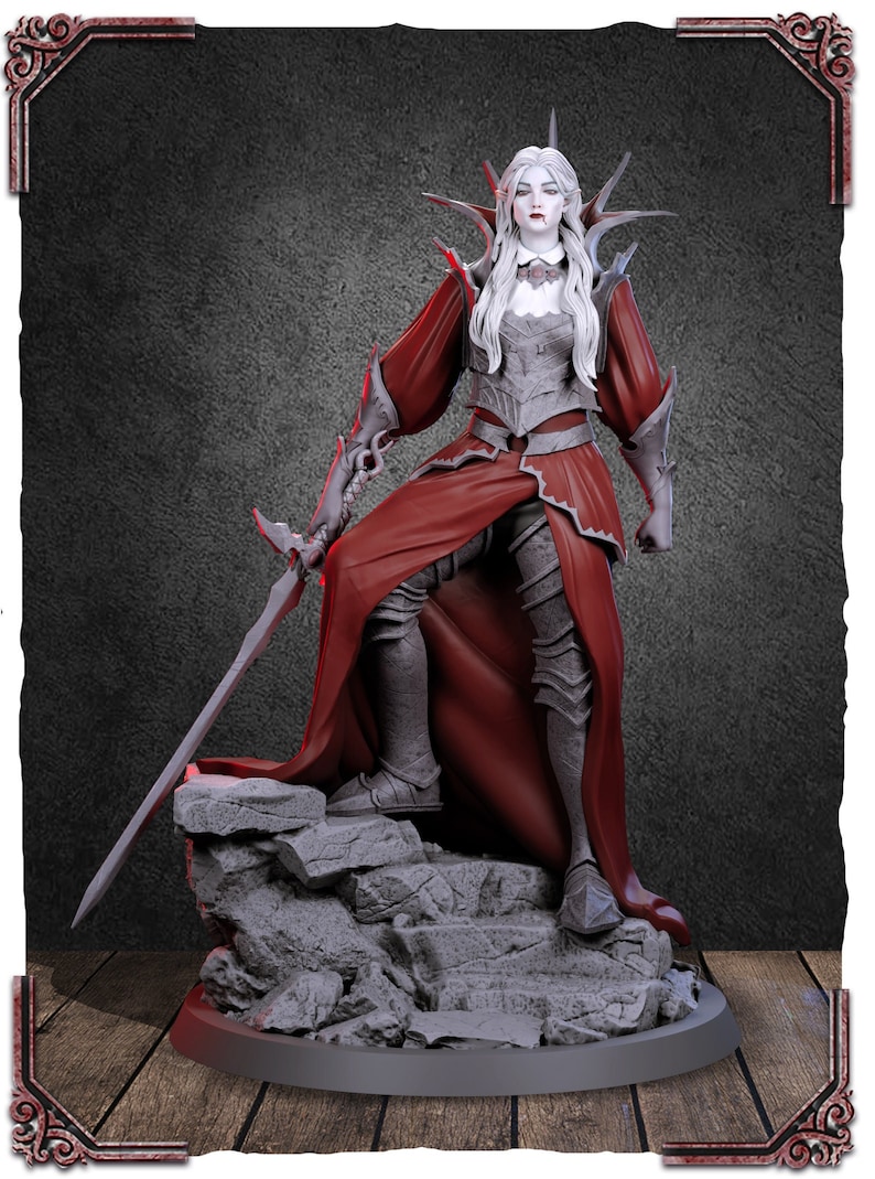 May include: A white female figurine with long white hair, wearing a red robe and silver armor, holding a sword. She is standing on a gray rock base.
