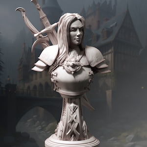 Puede incluir: Un busto de mujer guerrera pintado de blanco, con armadura y empuñando una espada. El busto está sobre un pedestal con detalles intrincados.