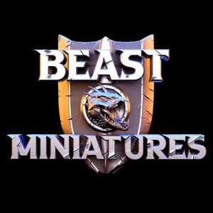 May include: A silver and gold logo with the text "BEAST MINIATURES" in a bold, 3D font. A silver dragon head is featured in the center of the logo, surrounded by a gold circle.
