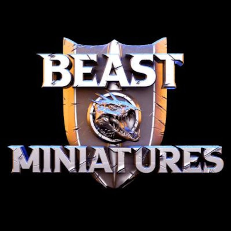 May include: A silver and gold logo with the text "BEAST MINIATURES" in a bold, 3D font. A silver dragon head is featured in the center of the logo, surrounded by a gold circle.