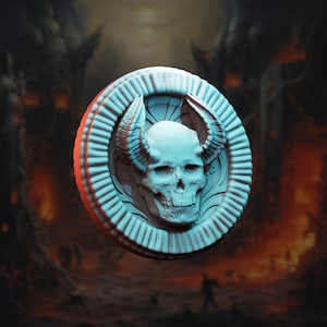 May include: A blue and red circular pendant with a detailed, sculpted skull with horns. The skull is set against a background of ornate, swirling designs.