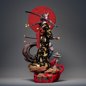 May include: A detailed figurine of a female demon warrior, adorned in a black kimono with gold bird patterns, holding a katana. The figure has horns, red eyes, and stands before a red moon. A second sword is held at her waist.