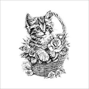 May include: A black and white illustration of a kitten sitting in a wicker basket filled with roses.