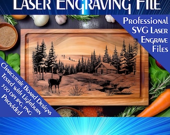 Cabane d'hiver et scène de cerfs, planche de charcuterie, fichier de gravure laser SVG (téléchargement numérique)